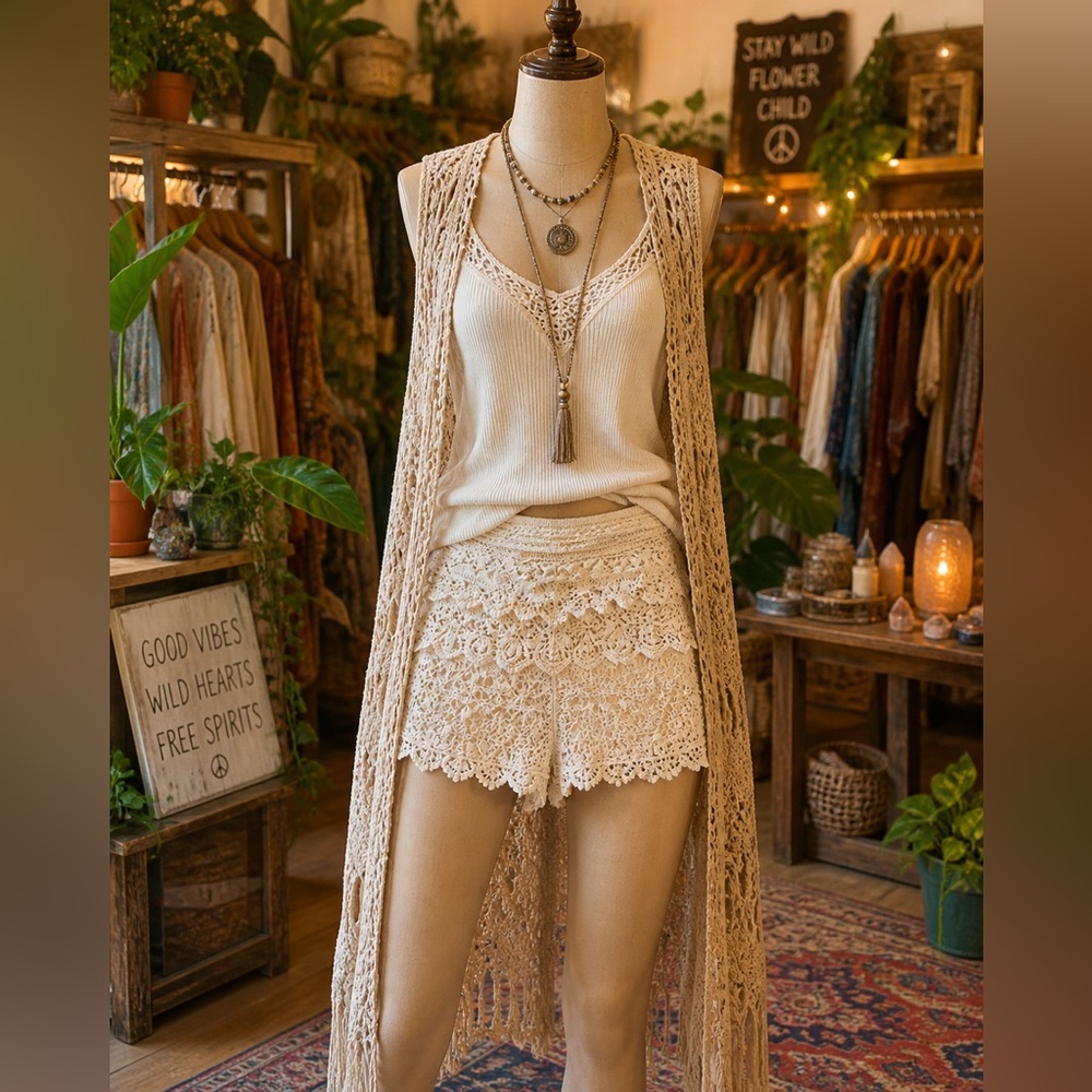 Boho Cream Crochet Lace Shorts L Festival Cottagecore Lined Elastic Waist